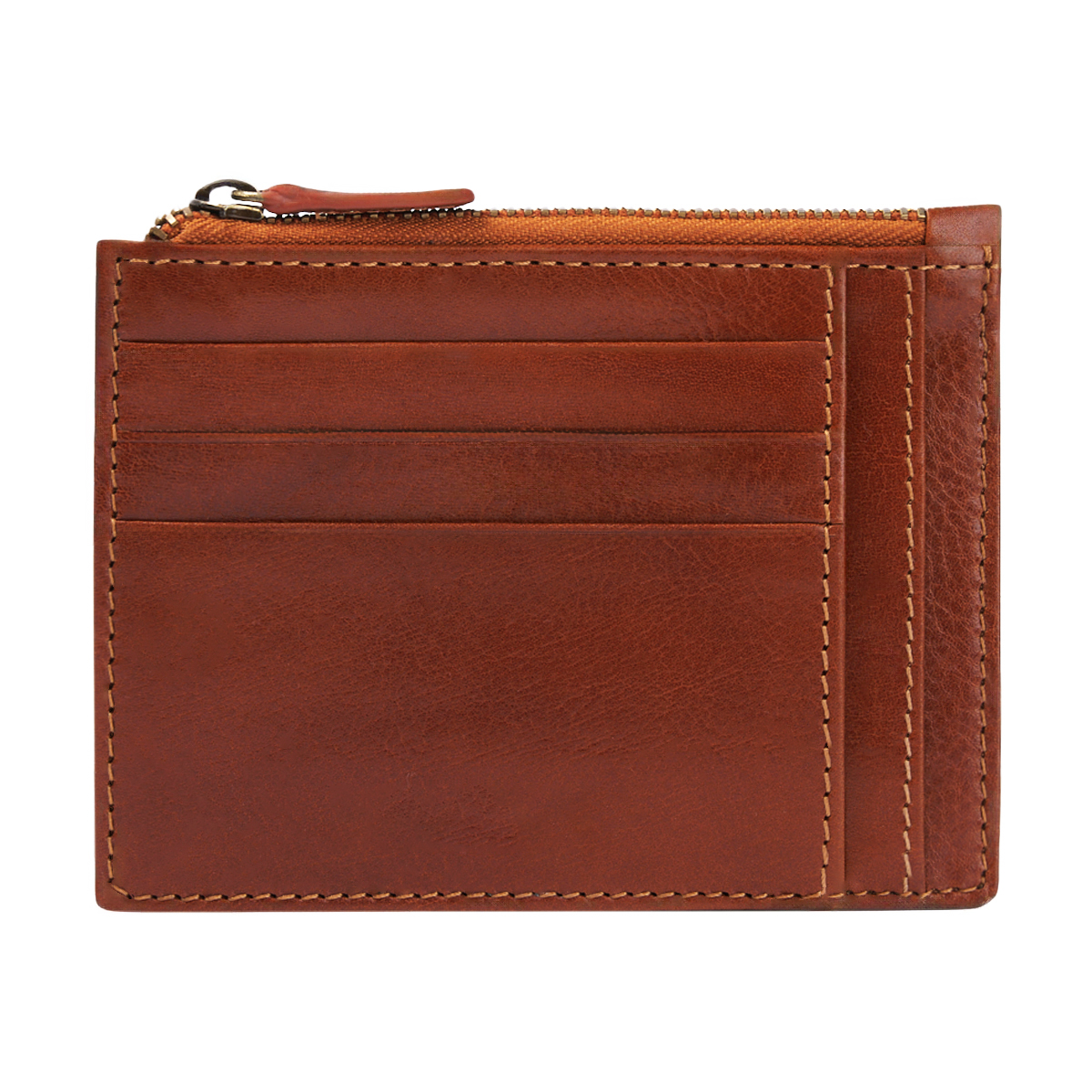 Multi-Slot Full Grain Leather Card Holder With Top Metal Zipper