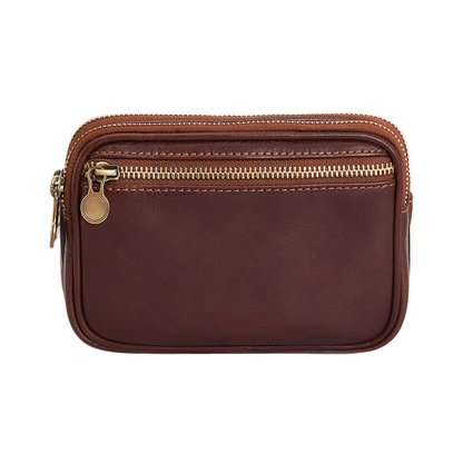 Full Grain Leather Clutch With Detachable Wrist Strap & Dual Zip Compartments