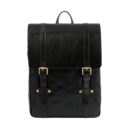 Hand-Buffered Full Grain Leather Flap Backpack With Multi Storage Compartments