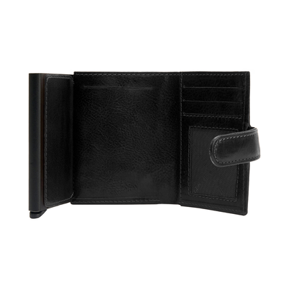 RFID Blocking Pop-Up Full Grain Leather Card Holder With Snap Strap
