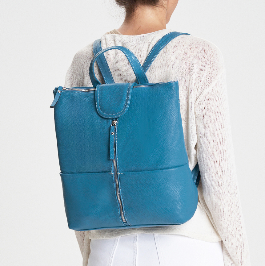 Textured Full Grain Leather Convertible Backpack With Dual Front External Pockets