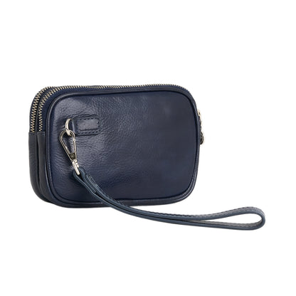 Full Grain Leather Clutch With Detachable Wrist Strap & Dual Zip Compartments