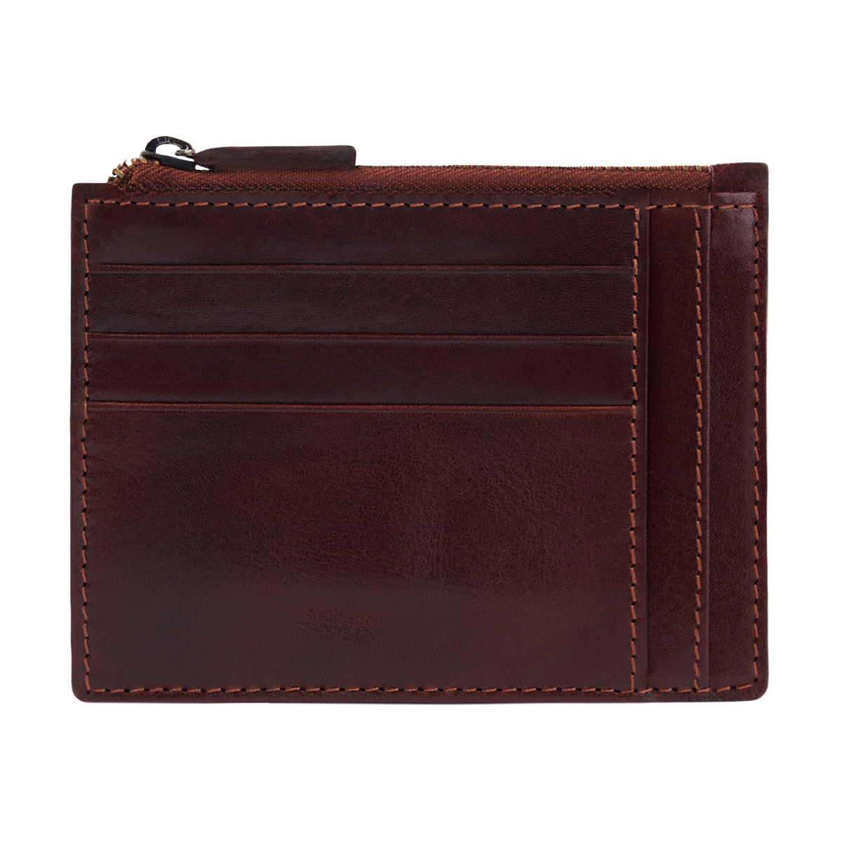 Multi-Slot Full Grain Leather Card Holder With Top Metal Zipper