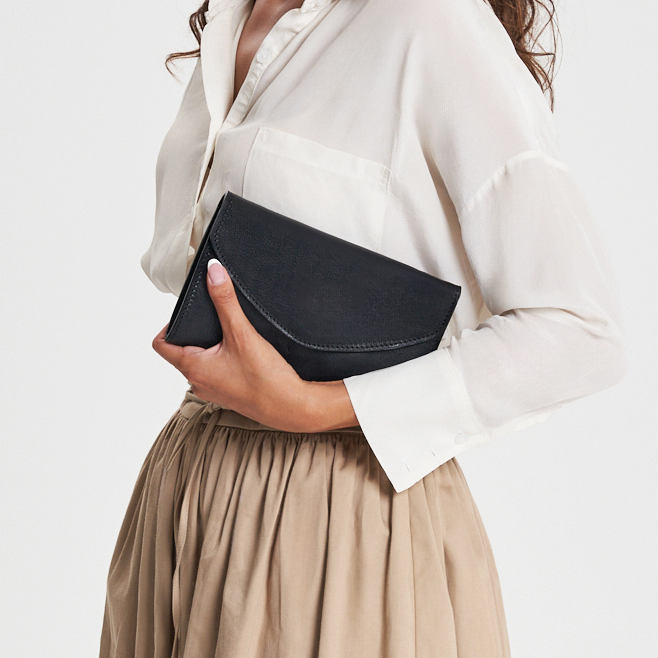 Multi-Slot Full Grain Leather Clutch With Detachable Crossbody Strap