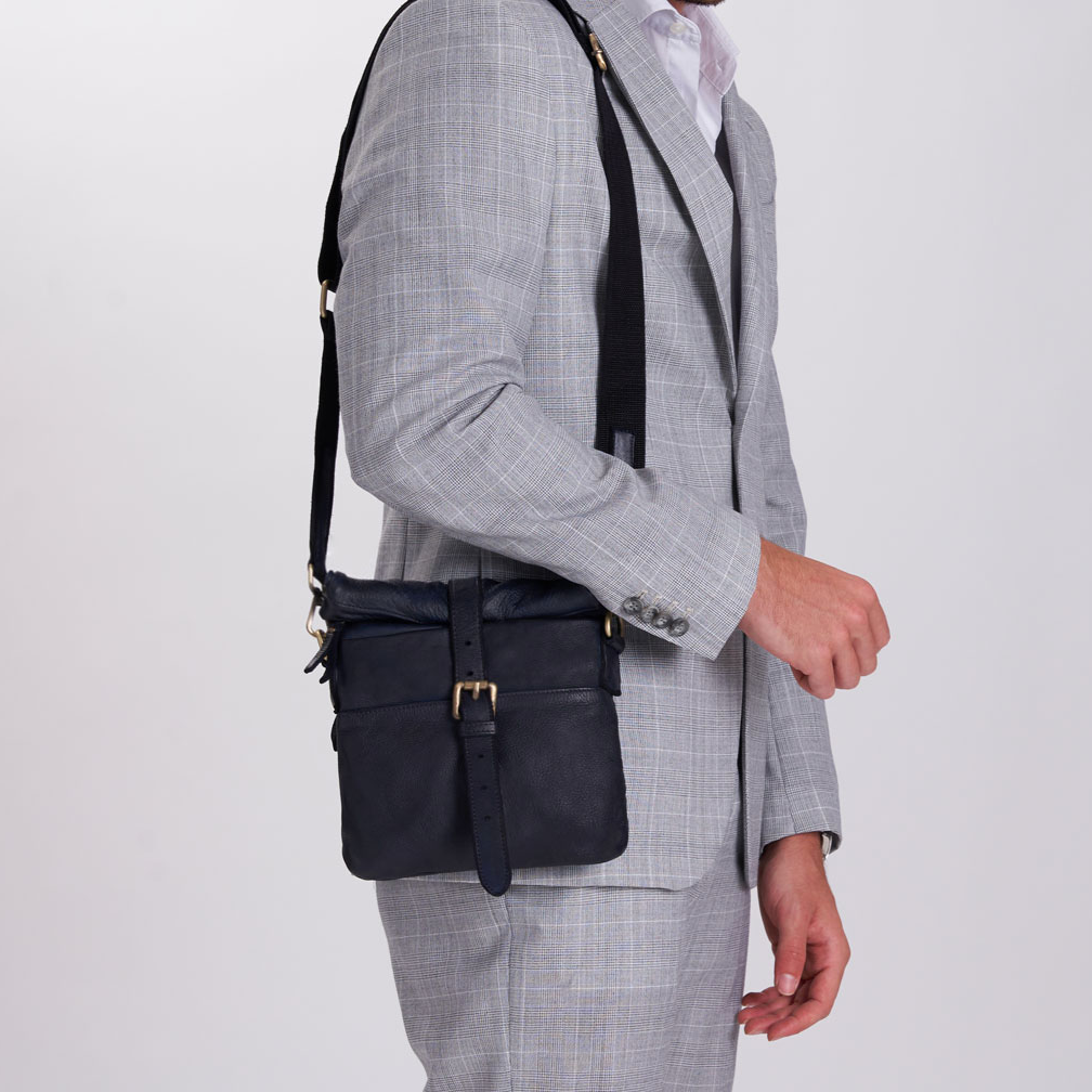 Roll-Top Washed Full Grain Leather Shoulder Bag With Dual Magnetic Closure