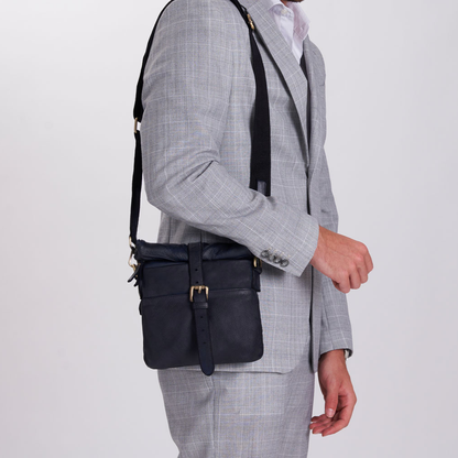 Roll-Top Washed Full Grain Leather Shoulder Bag With Dual Magnetic Closure