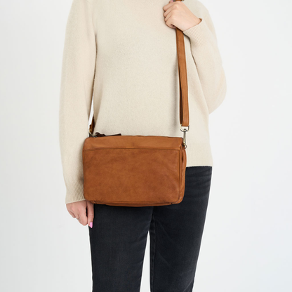 Washed Full Grain Leather Crossbody Bag With Detachable Adjustable Strap