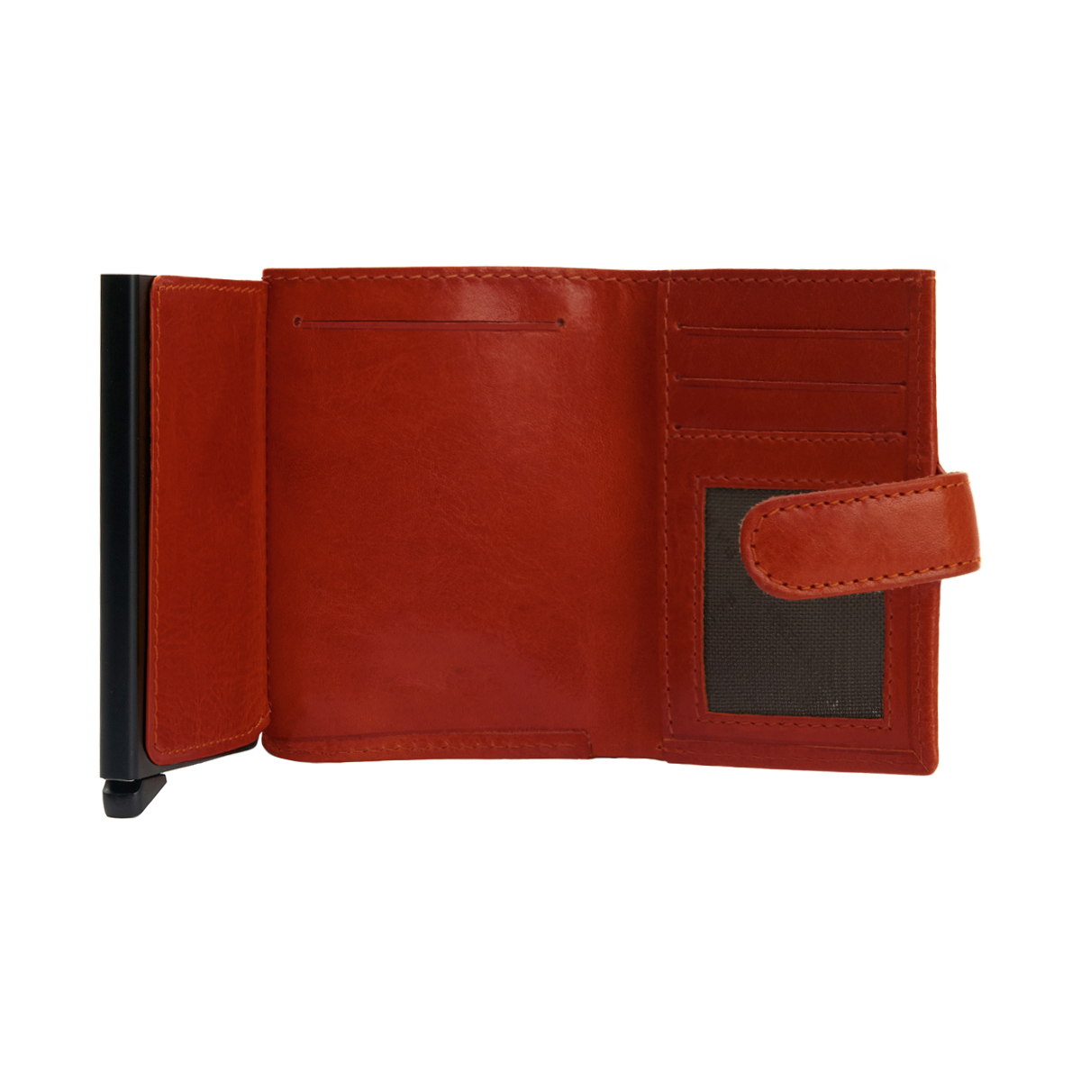 RFID Blocking Pop-Up Full Grain Leather Card Holder With Snap Strap