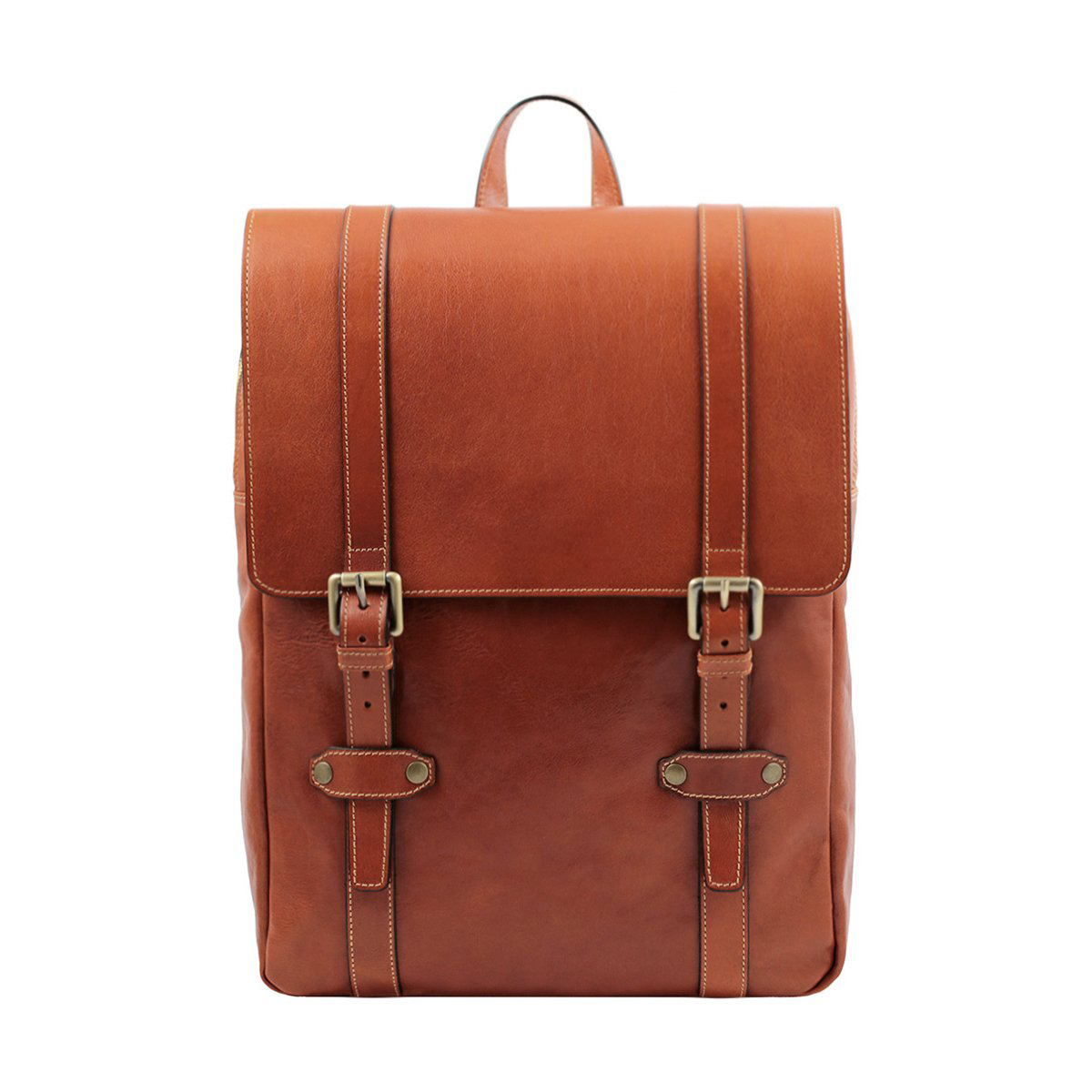 Hand-Buffered Full Grain Leather Flap Backpack With Multi Storage Compartments