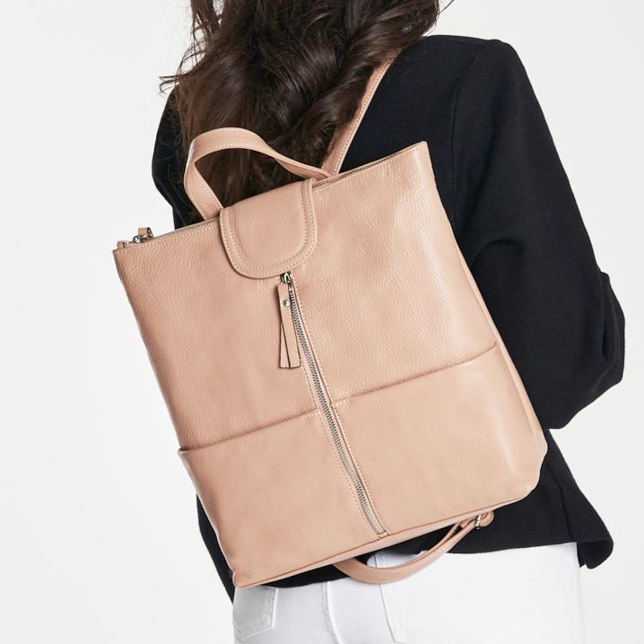 Textured Full Grain Leather Convertible Backpack With Dual Front External Pockets