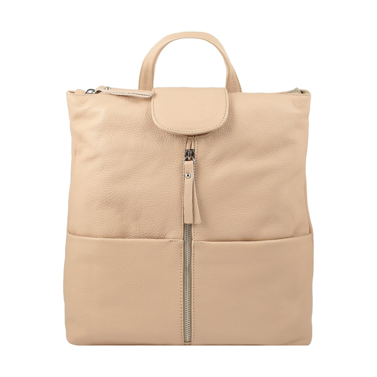 Textured Full Grain Leather Convertible Backpack With Dual Front External Pockets