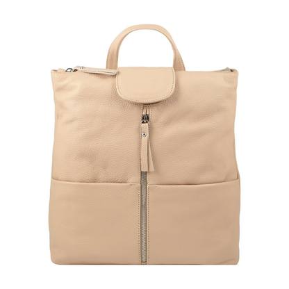 Textured Full Grain Leather Convertible Backpack With Dual Front External Pockets