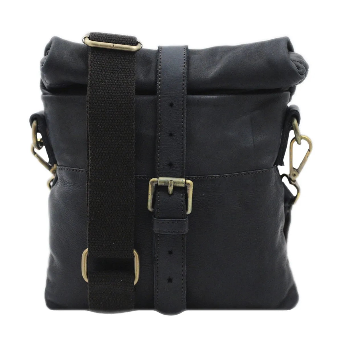 Roll-Top Washed Full Grain Leather Shoulder Bag With Dual Magnetic Closure
