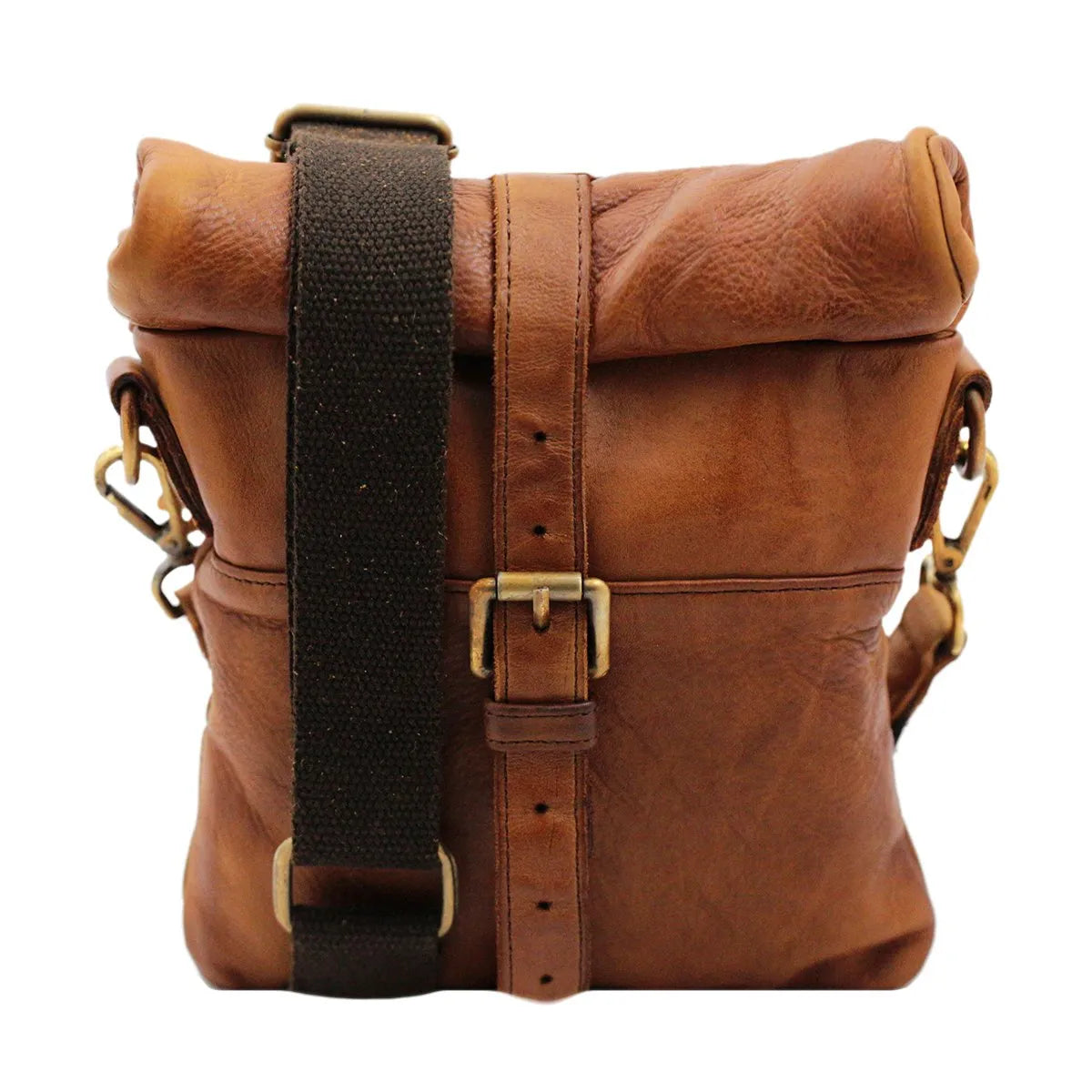 Roll-Top Washed Full Grain Leather Shoulder Bag With Dual Magnetic Closure