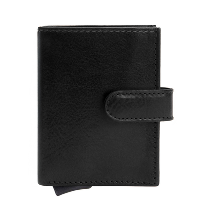 RFID Blocking Pop-Up Full Grain Leather Card Holder With Snap Strap