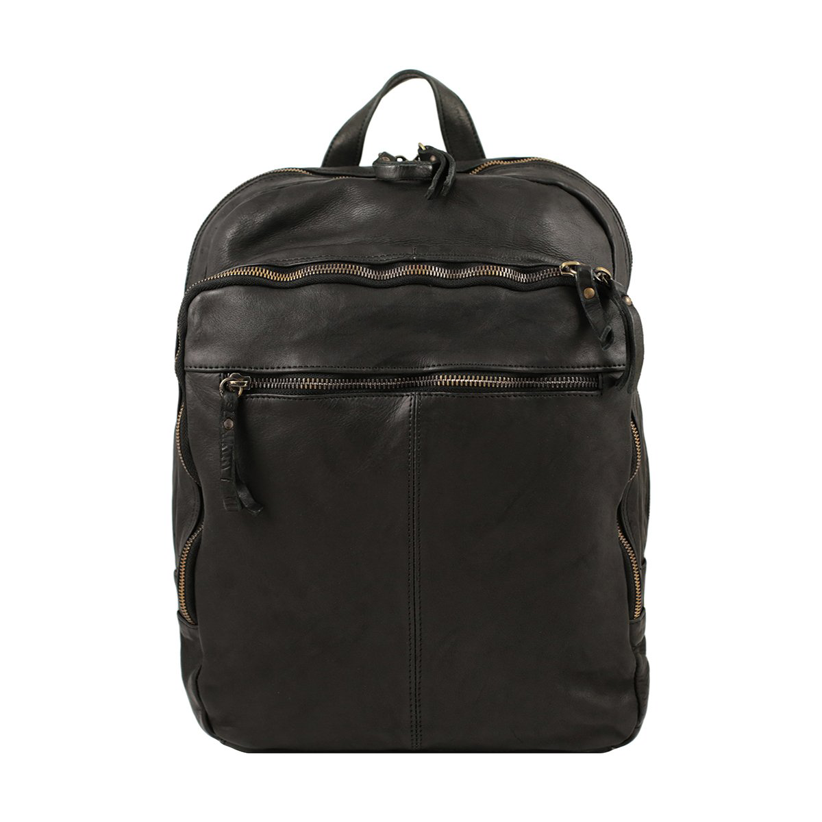 Large Vintage Washed Full Grain Leather Laptop Backpack With Multi-Zip Storage