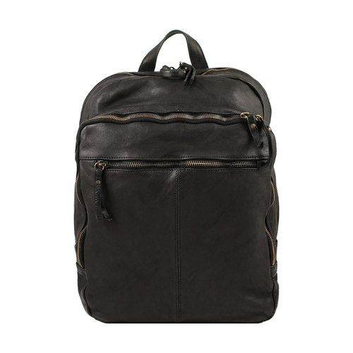 Large Vintage Washed Full Grain Leather Laptop Backpack With Multi-Zip Storage