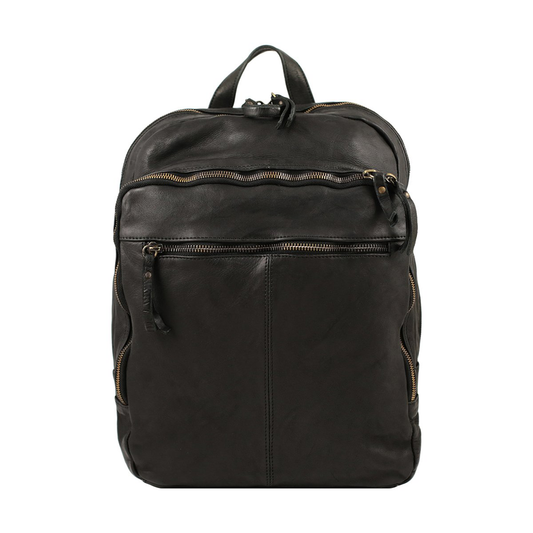 Large Vintage Washed Full Grain Leather Laptop Backpack With Multi-Zip Storage