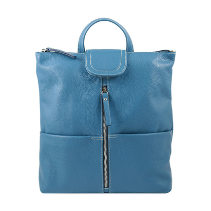Textured Full Grain Leather Convertible Backpack With Dual Front External Pockets