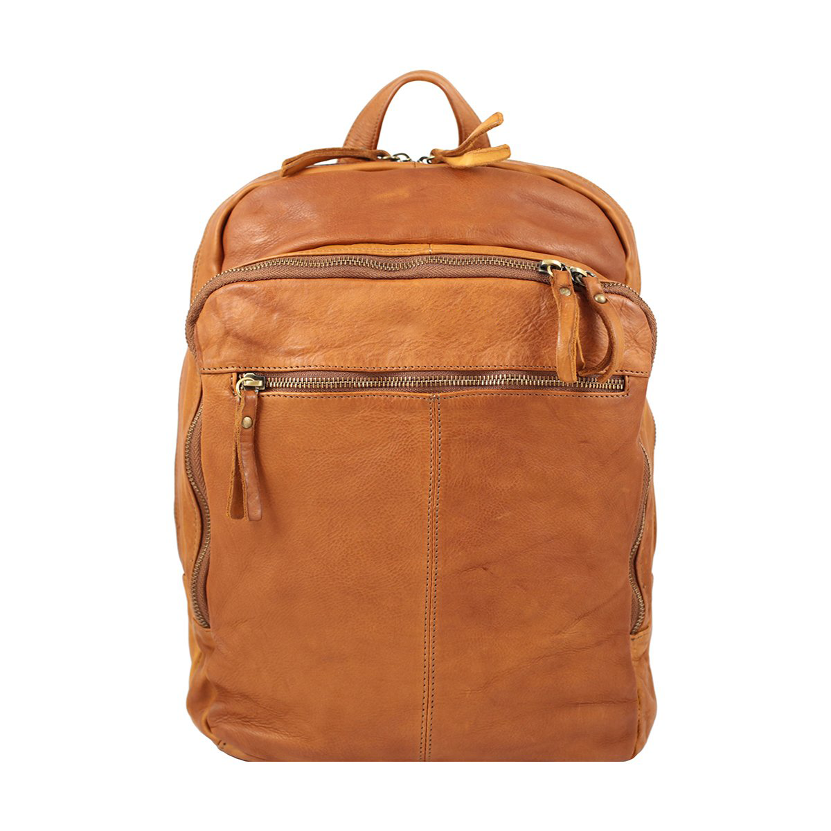 Large Vintage Washed Full Grain Leather Laptop Backpack With Multi-Zip Storage