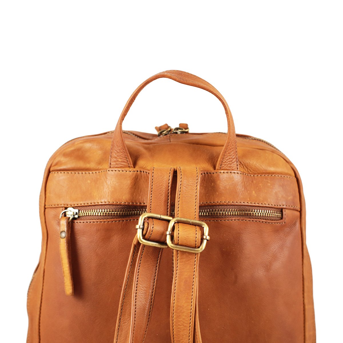 Large Vintage Washed Full Grain Leather Laptop Backpack With Multi-Zip Storage